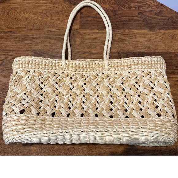 Large Woven Packable Straw Tote Bag – Beige 22 x 11 x 8 Chic Beach Travel Bag - Picture 3 of 10